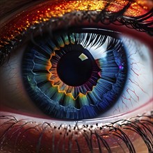 Close up of eye featuring vibrant colored eyelids with intense eye shadow, AI generated