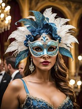 Young woman at venetian masquerade with ornate mask, AI generated