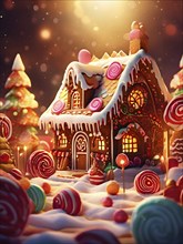 Abstract wallpaper illustration of of gingerbread house decoration, AI generated