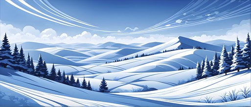 Abstract winter landscape illustration using cool blues and whites with swirling patterns and