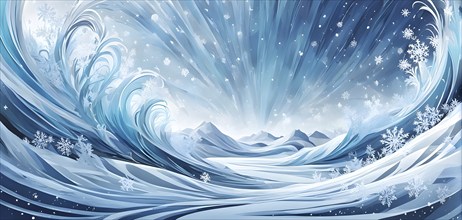 Abstract illustration of dreamy, icy landscape with swirling blues, whites, and silvers, evoking