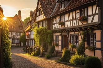 Traditional half timbered house nestled within the heart of a picturesque village in golden hour