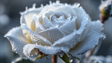 Detailed close-up of frost patterns on a white rose, AI generated