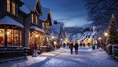 Snow-covered village street at dusk with glowing Christmas lights, AI generated