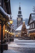 Charming village square decorated for the holidays, with snow-covered rooftops and strings of