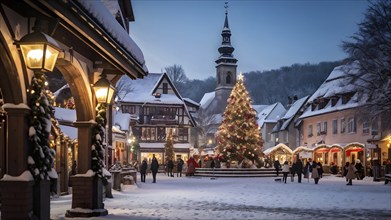 Charming village square decorated for the holidays, with snow-covered rooftops and strings of