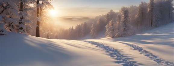 Footprints in fresh snow on a hill with a row of trees in winter in golden sunrise light, AI