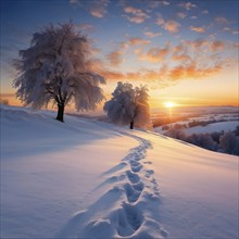 Footprints in fresh snow on a hill with a row of trees in winter in golden sunrise light, AI