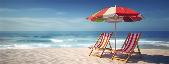 Three dimensional render of deck chair and beach umbrellas on deserted beach in summer, AI