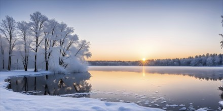 Serene winter landscape at sunrise with snow-covered trees and a frozen lake, AI generated