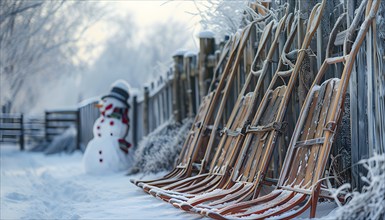 Rustic wooden sleds with frost covered branches and a snowman in the background, AI generated