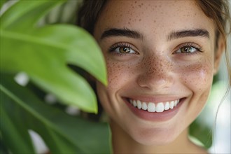 Happy young woman between leaves of tropical houseplants. Generative Ai, AI generated