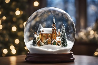 Snow globe with a tiny festive village inside, capturing the swirling snow and the light