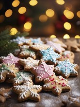 A detailed shot of Christmas cookies on a wooden table, featuring star-shaped cookies with colorful