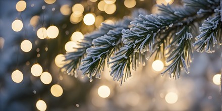 Detailed shot of frosted pine branches with twinkling fairy lights and icicles hanging, creating a