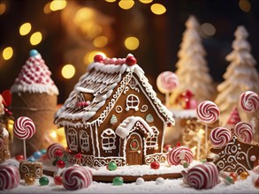 Gingerbread house decorations, focusing on the intricate icing details, colorful candy, and soft,