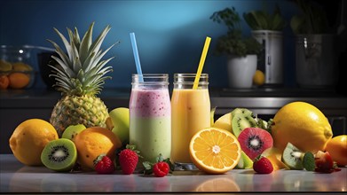 Smoothie surrounded by an assortment of fruits and vegetables, AI generated