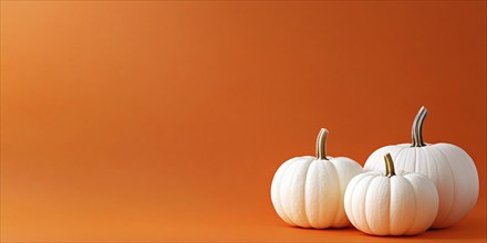 Banner with white pumpkins on orange background with copy space. Generative Ai, AI generated