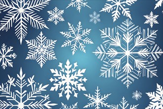 Abstract pattern of snowflakes in varying sizes and shapes in soft white and blue gradients, AI