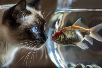 Close up of Siamese cat watching goldfish in fish bowl. Generative ai, AI generated