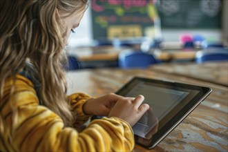 Young girl child learning with digital tablet notebook on in school. Concept for modern technology