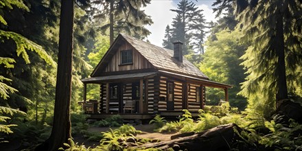 Rustic log cabin nestled in a dense evergreen forest, AI generated