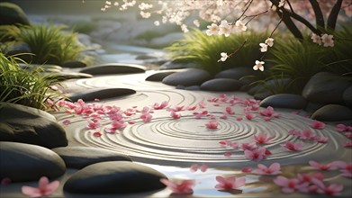 Zen garden bathed in the soft glow of dawn as a serene symbol for relaxation, AI generated