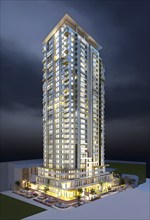 Three dimensional rendering of an illuminated modern high-rise office building, AI generated