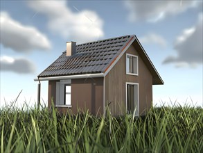 Three dimensional rendering of a residential house on grass, AI generated