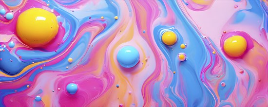 Abstract image with colorful yellow and turquoise blobs and liquid shapes on a pink background, AI