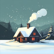 Snow-covered cottage in a serene winter scene in vector style, AI generated