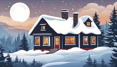 Snow-covered cottage in a serene winter scene in vector style, AI generated