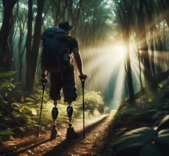 A man with an amputated leg and prosthesis walks through the forest, symbolic image people with