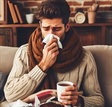 A sick man with a cold, runny nose and fever, symbol image illness, health, healthcare, AI