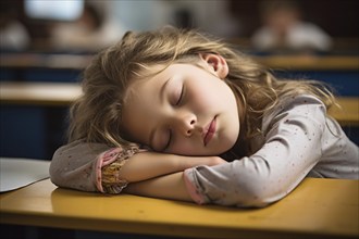 Tire dand overworked young child falling asleep at desk in school. KI generiert, generiert AI