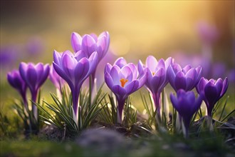 Purple crocus flowers growing in early spring. KI generiert, generiert AI generated