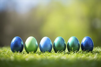 Green and blue painted Easter eggs in a row on grass. KI generiert, generiert AI generated