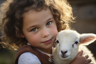 Young child hugging lamb. KI generiert, generiert AI generated