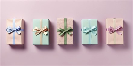 Top view of many small pastel colored gift boxes in a row on pink background. KI generiert,