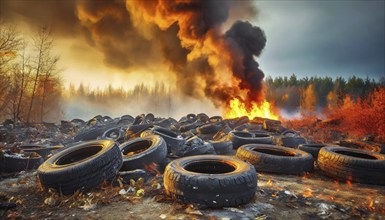 Symbolism, large junkyard with old burning car tyres, AI-generated, AI-generated, AI generated