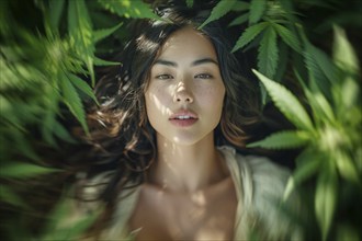 Teenager in an intoxicated state in a hemp field, surrounded by hemp leaves, cannabis, industrial