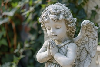 Close up of praying angel child statue at cemetery, KI generiert, generiert AI generated