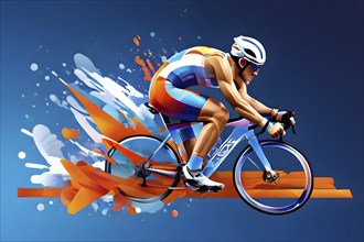 Abstract digital render of an olympic triathlete on the bike morphing into fluid shapes, AI