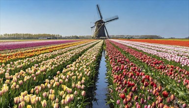 Agriculture, dense, intensely colourful blooming tulip field with a windmill, in Holland, AI