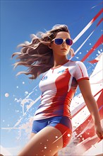 Abstract digital render of a female olympic athlete morphing into fluid shapes in french tricolor