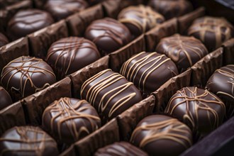 Chocolate pralines in box. KI generiert, generiert, AI generated