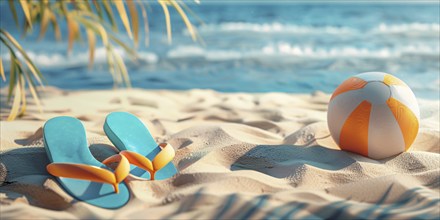 Summer banner with shoes and ball on sand beach with ocean in background. KI generiert, generiert,