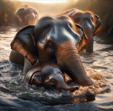 Asian elephant (Elephas maximus), young animal and elephant cow bathing in a river, AI generated,