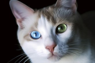 Cat with two colored blue and green eyes. AI generated