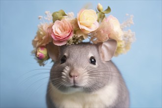 Small Chincilla with flower headband. KI generiert, generiert AI generated